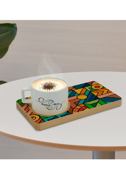 Kişiye Özel Modern Art Tasarımlı Doğal Ahşap Tabaklı Seramik Fincan Sunum Seti Model 15