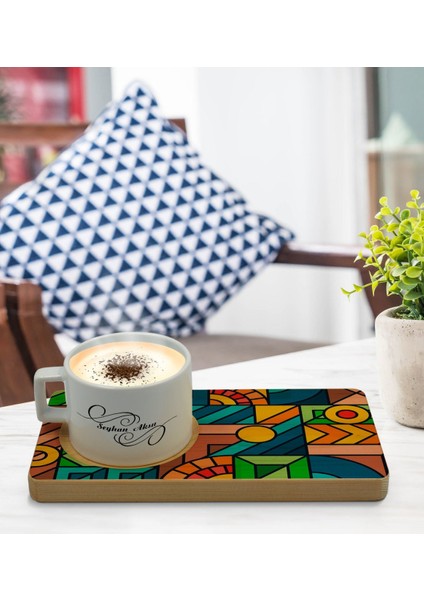 Kişiye Özel Modern Art Tasarımlı Doğal Ahşap Tabaklı Seramik Fincan Sunum Seti Model 15 modelleri