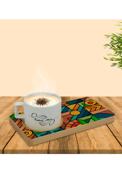 Kişiye Özel Modern Art Tasarımlı Doğal Ahşap Tabaklı Seramik Fincan Sunum Seti Model 15 fırsatları