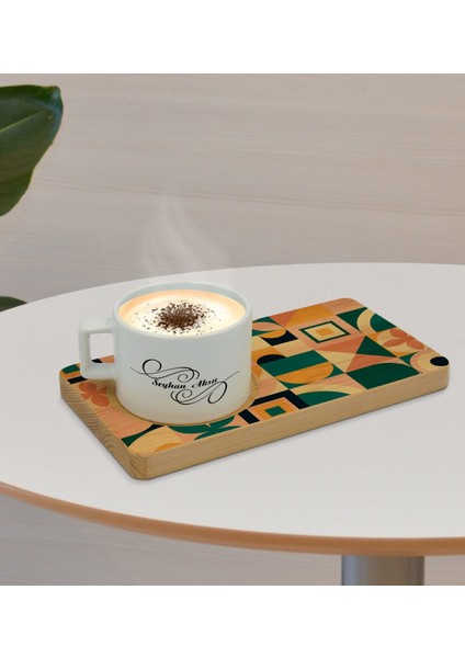 Kişiye Özel Modern Art Tasarımlı Doğal Ahşap Tabaklı Seramik Fincan Sunum Seti Model 14