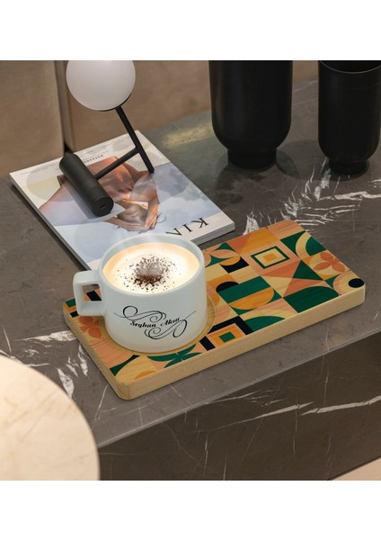 Kişiye Özel Modern Art Tasarımlı Doğal Ahşap Tabaklı Seramik Fincan Sunum Seti Model 14 fiyatları