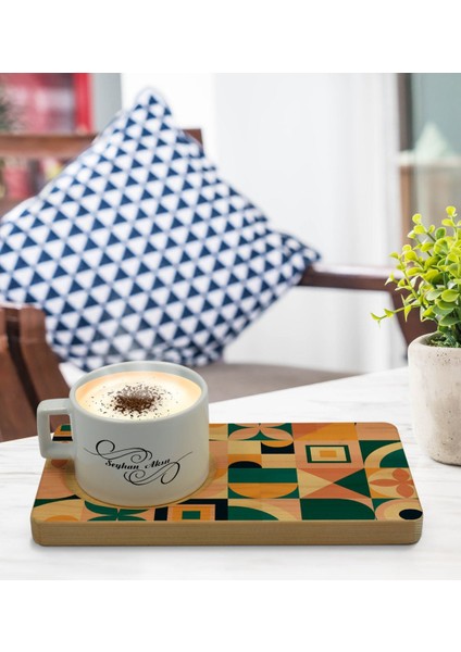 Kişiye Özel Modern Art Tasarımlı Doğal Ahşap Tabaklı Seramik Fincan Sunum Seti Model 14 modelleri