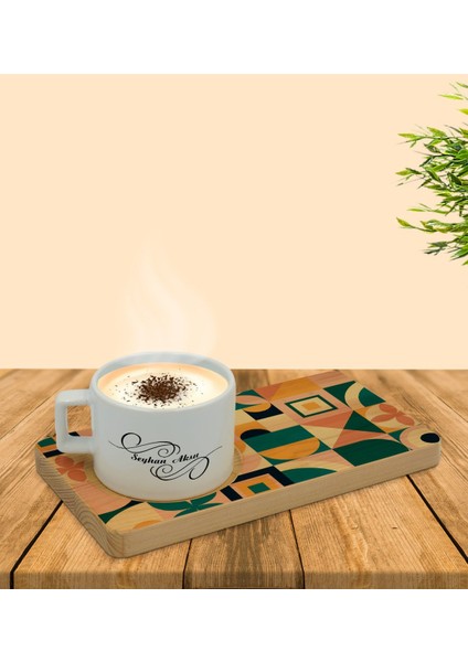 Kişiye Özel Modern Art Tasarımlı Doğal Ahşap Tabaklı Seramik Fincan Sunum Seti Model 14 fırsatları