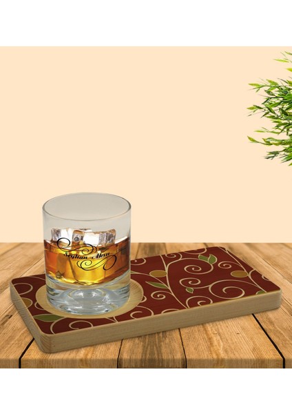 Kişiye Özel Retro Motif Tasarımlı Doğal Ahşap Tabaklı Viski Bardağı Sunum Seti Model 1