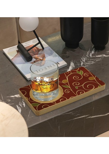 Kişiye Özel Retro Motif Tasarımlı Doğal Ahşap Tabaklı Viski Bardağı Sunum Seti Model 1
