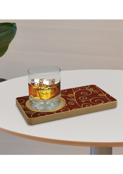 Kişiye Özel Retro Motif Tasarımlı Doğal Ahşap Tabaklı Viski Bardağı Sunum Seti Model 1