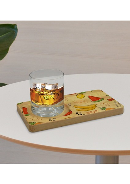 Kişiye Özel Meyveler Tasarımlı Doğal Ahşap Tabaklı Viski Bardağı Sunum Seti Model 2 fırsatları