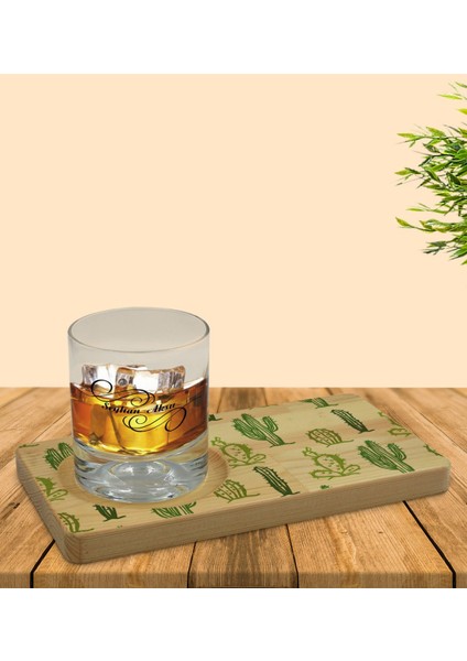 Kişiye Özel Kaktüs Tasarımlı Doğal Ahşap Tabaklı Viski Bardağı Sunum Seti Model 2