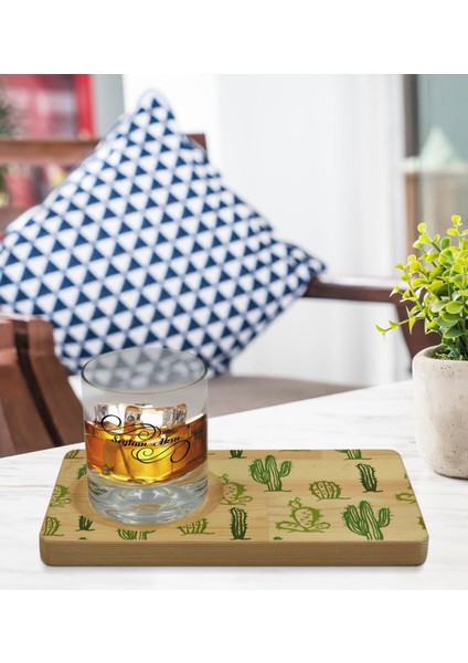 Kişiye Özel Kaktüs Tasarımlı Doğal Ahşap Tabaklı Viski Bardağı Sunum Seti Model 2 modelleri