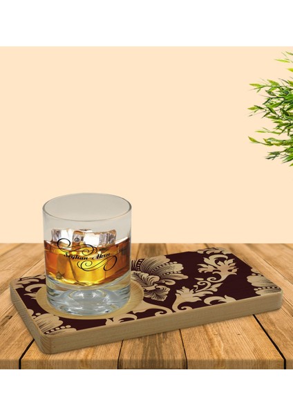 Kişiye Özel Retro Motif Tasarımlı Doğal Ahşap Tabaklı Viski Bardağı Sunum Seti Model 7