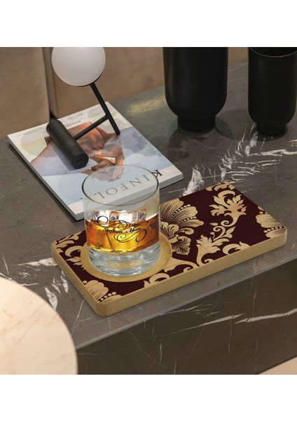 Kişiye Özel Retro Motif Tasarımlı Doğal Ahşap Tabaklı Viski Bardağı Sunum Seti Model 7