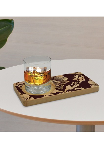 Kişiye Özel Retro Motif Tasarımlı Doğal Ahşap Tabaklı Viski Bardağı Sunum Seti Model 7