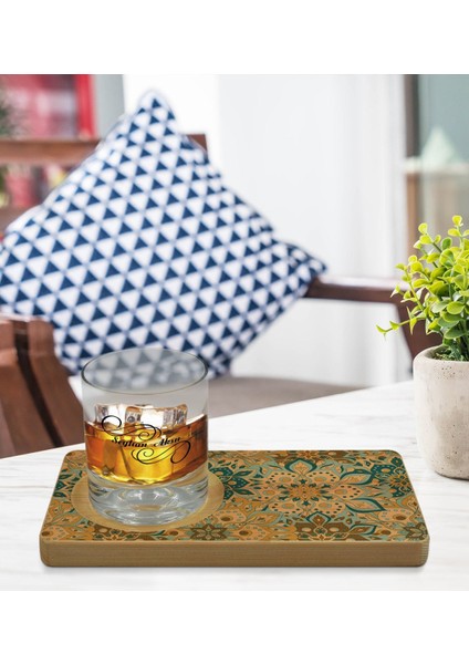 Kişiye Özel Retro Motif Tasarımlı Doğal Ahşap Tabaklı Viski Bardağı Sunum Seti Model 11