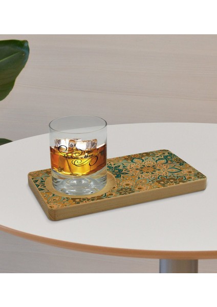 Kişiye Özel Retro Motif Tasarımlı Doğal Ahşap Tabaklı Viski Bardağı Sunum Seti Model 11