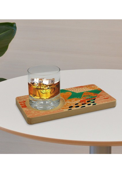 Kişiye Özel Modern Art Tasarımlı Doğal Ahşap Tabaklı Viski Bardağı Sunum Seti Model 1 fırsatları