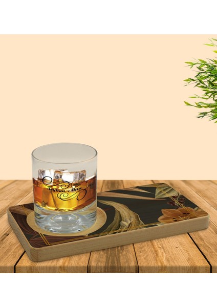 Kişiye Özel Çiçekler Tasarımlı Doğal Ahşap Tabaklı Viski Bardağı Sunum Seti Model 4
