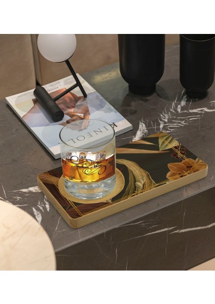 Kişiye Özel Çiçekler Tasarımlı Doğal Ahşap Tabaklı Viski Bardağı Sunum Seti Model 4 fiyatları
