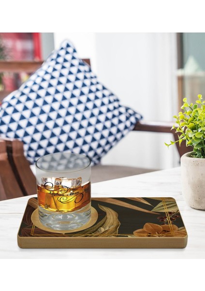 Kişiye Özel Çiçekler Tasarımlı Doğal Ahşap Tabaklı Viski Bardağı Sunum Seti Model 4 modelleri