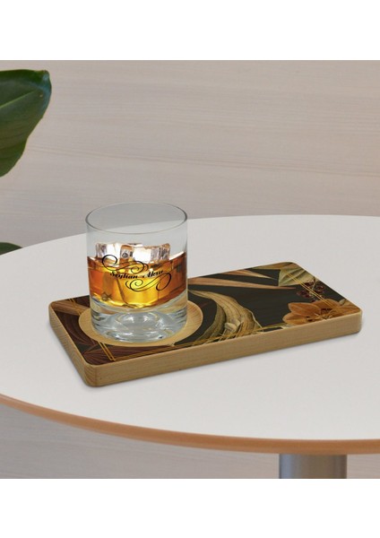 Kişiye Özel Çiçekler Tasarımlı Doğal Ahşap Tabaklı Viski Bardağı Sunum Seti Model 4 fırsatları
