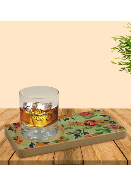 Kişiye Özel Çiçekler Tasarımlı Doğal Ahşap Tabaklı Viski Bardağı Sunum Seti Model 5