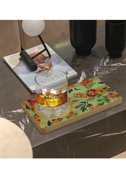 Kişiye Özel Çiçekler Tasarımlı Doğal Ahşap Tabaklı Viski Bardağı Sunum Seti Model 5 fiyatları