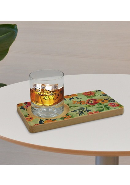 Kişiye Özel Çiçekler Tasarımlı Doğal Ahşap Tabaklı Viski Bardağı Sunum Seti Model 5 fırsatları