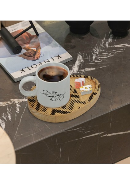 Kişiye Özel Modern Art Tasarımlı Doğal Ahşap Tabaklı Türk Kahvesi Fincanı Sunum Seti Model 17