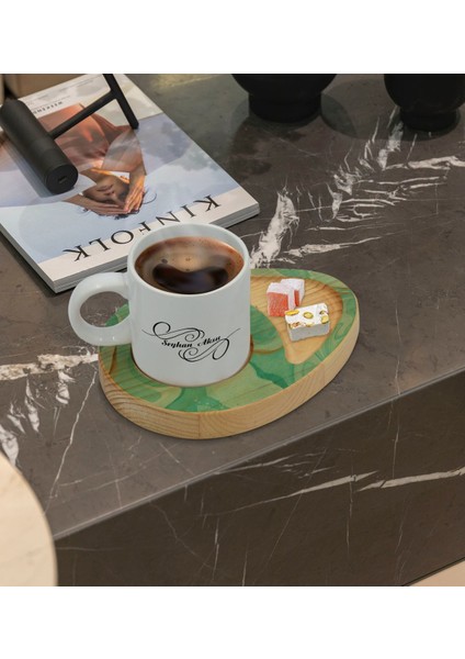 Kişiye Özel Mermer Tasarımlı Doğal Ahşap Tabaklı Türk Kahvesi Fincanı Sunum Seti Model 1