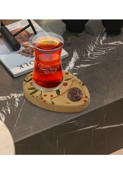 Kişiye Özel Meyve Tasarımlı Doğal Ahşap Tabaklı Heybeli Çay Bardağı Sunum Seti Model 1