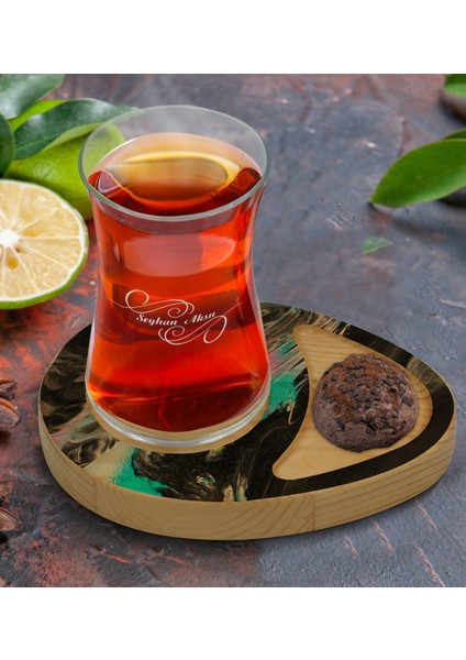 Kişiye Özel Mermer Tasarımlı Doğal Ahşap Tabaklı Heybeli Çay Bardağı Sunum Seti Model 19