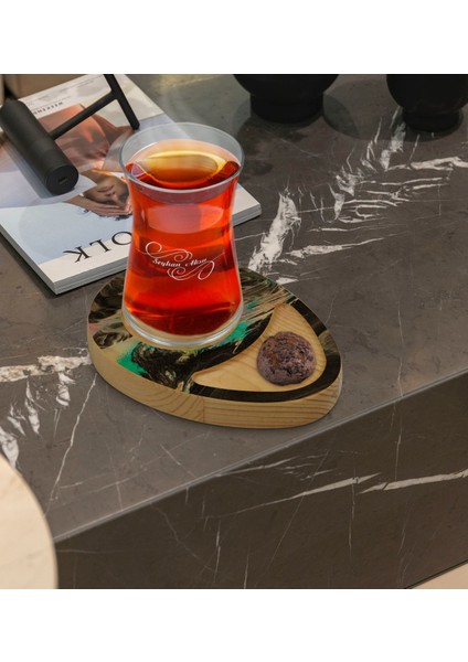 Kişiye Özel Mermer Tasarımlı Doğal Ahşap Tabaklı Heybeli Çay Bardağı Sunum Seti Model 19