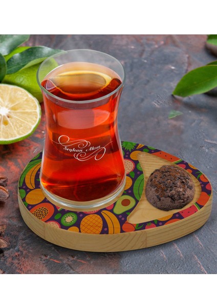 Kişiye Özel Meyveler Tasarımlı Doğal Ahşap Tabaklı Heybeli Çay Bardağı Sunum Seti Model 1