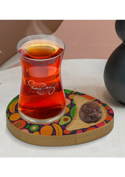 Kişiye Özel Meyveler Tasarımlı Doğal Ahşap Tabaklı Heybeli Çay Bardağı Sunum Seti Model 1