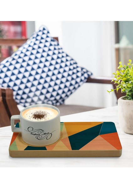 Kişiye Özel Modern Art Tasarımlı Doğal Ahşap Tabaklı Seramik Fincan Sunum Seti Model 8 modelleri