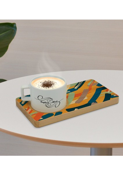 Kişiye Özel Modern Art Tasarımlı Doğal Ahşap Tabaklı Seramik Fincan Sunum Seti Model 7