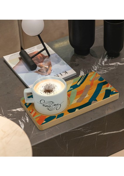 Kişiye Özel Modern Art Tasarımlı Doğal Ahşap Tabaklı Seramik Fincan Sunum Seti Model 7 fiyatları