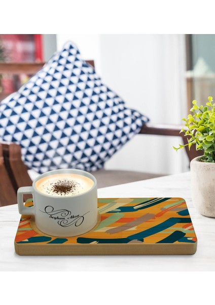 Kişiye Özel Modern Art Tasarımlı Doğal Ahşap Tabaklı Seramik Fincan Sunum Seti Model 7 modelleri