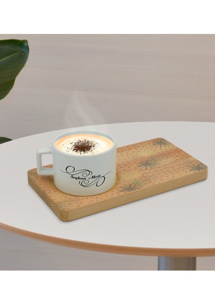 Kişiye Özel Modern Art Tasarımlı Doğal Ahşap Tabaklı Seramik Fincan Sunum Seti Model 6