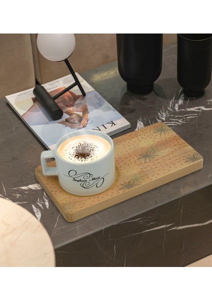 Kişiye Özel Modern Art Tasarımlı Doğal Ahşap Tabaklı Seramik Fincan Sunum Seti Model 6 fiyatları