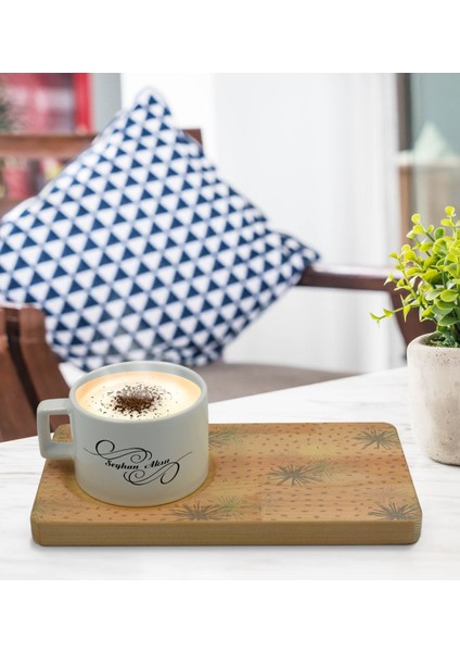 Kişiye Özel Modern Art Tasarımlı Doğal Ahşap Tabaklı Seramik Fincan Sunum Seti Model 6 modelleri