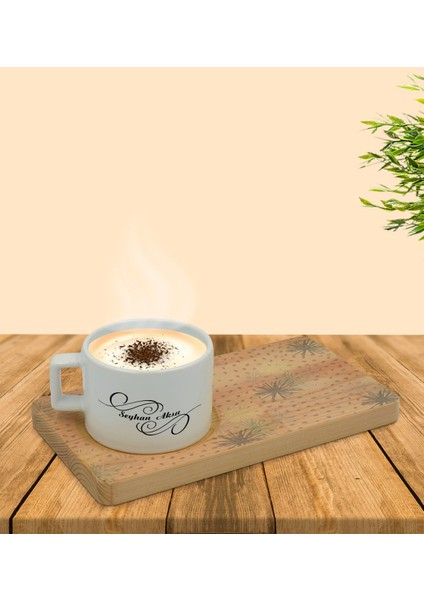 Kişiye Özel Modern Art Tasarımlı Doğal Ahşap Tabaklı Seramik Fincan Sunum Seti Model 6 fırsatları