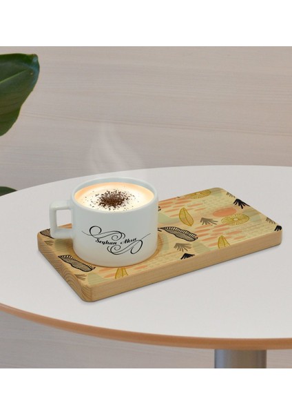 Kişiye Özel Modern Art Tasarımlı Doğal Ahşap Tabaklı Seramik Fincan Sunum Seti Model 5