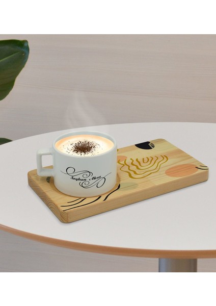 Kişiye Özel Modern Art Tasarımlı Doğal Ahşap Tabaklı Seramik Fincan Sunum Seti Model 4