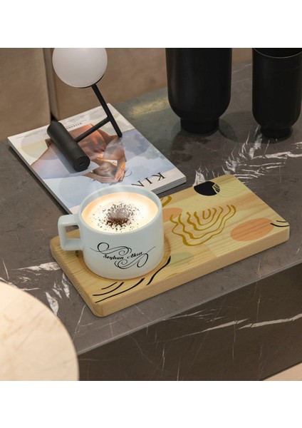 Kişiye Özel Modern Art Tasarımlı Doğal Ahşap Tabaklı Seramik Fincan Sunum Seti Model 4 fiyatları