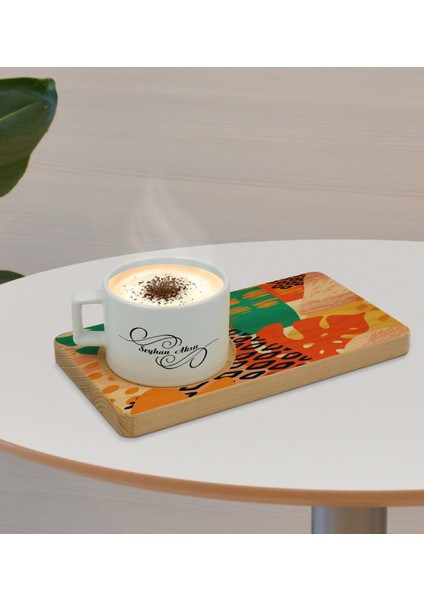 Kişiye Özel Modern Art Tasarımlı Doğal Ahşap Tabaklı Seramik Fincan Sunum Seti Model 3