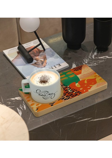 Kişiye Özel Modern Art Tasarımlı Doğal Ahşap Tabaklı Seramik Fincan Sunum Seti Model 3 fiyatları