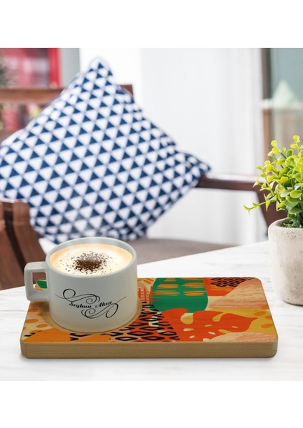 Kişiye Özel Modern Art Tasarımlı Doğal Ahşap Tabaklı Seramik Fincan Sunum Seti Model 3 modelleri
