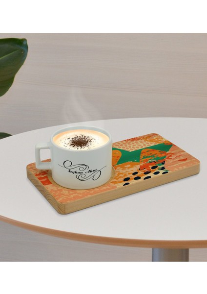 Kişiye Özel Modern Art Tasarımlı Doğal Ahşap Tabaklı Seramik Fincan Sunum Seti Model 1