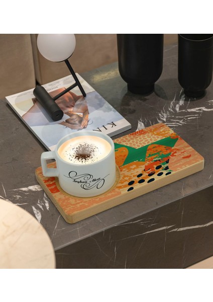Kişiye Özel Modern Art Tasarımlı Doğal Ahşap Tabaklı Seramik Fincan Sunum Seti Model 1 fiyatları