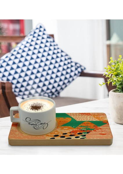 Kişiye Özel Modern Art Tasarımlı Doğal Ahşap Tabaklı Seramik Fincan Sunum Seti Model 1 modelleri